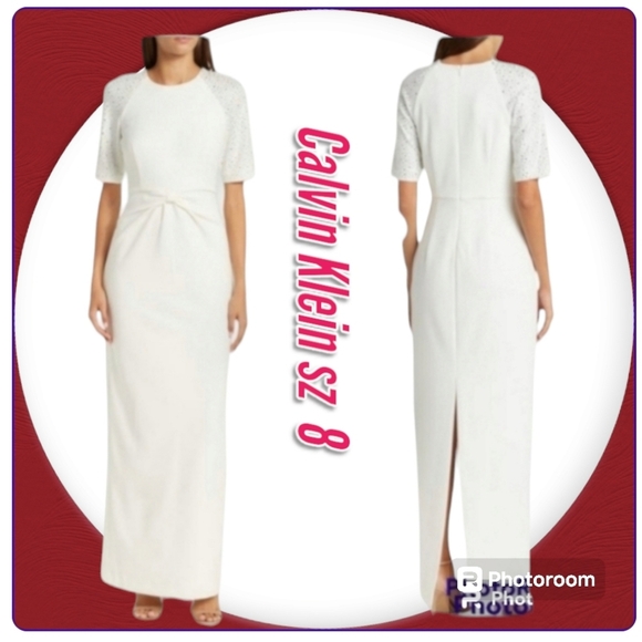 Calvin Klein Rhinestone Short Sleeve Crew Neck Knot Front Sheath Long Maxi Dress - Picture 1 of 14